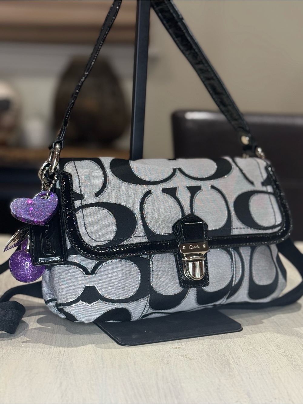 Vintage COACH Poppy Black and Silver Signature Flap Crossbody Bag NWOT